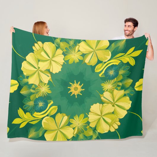 フローラ放射光：黄色と緑の植物模様 フリースブランケット (インサイチュ)