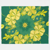 フローラ放射光：黄色と緑の植物模様 フリースブランケット (正面(横))