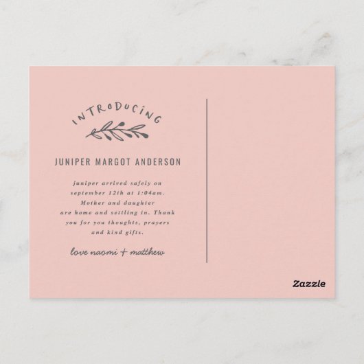 フローラ数々のリース写真の誕生発表 ポストカード (裏面)