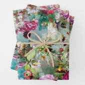 フローラ数々の背景色ティール（緑がかった色） ラッピングペーパーシート (インサイチュ)