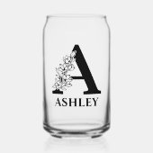 フローラ文字Aモノグラムと名前パーソナライズされた付け ガラス缶 (正面)