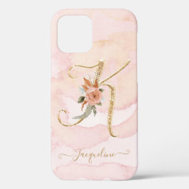 フローラ文字K金ゴールドスクリプトMonogram Watercolor iPhone 12ケース