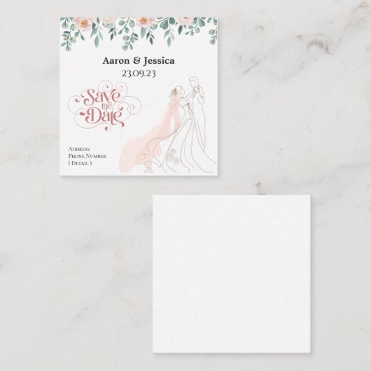 フローラ新郎新婦イラストレーション日付の保存 ノートカード (正面/裏面)
