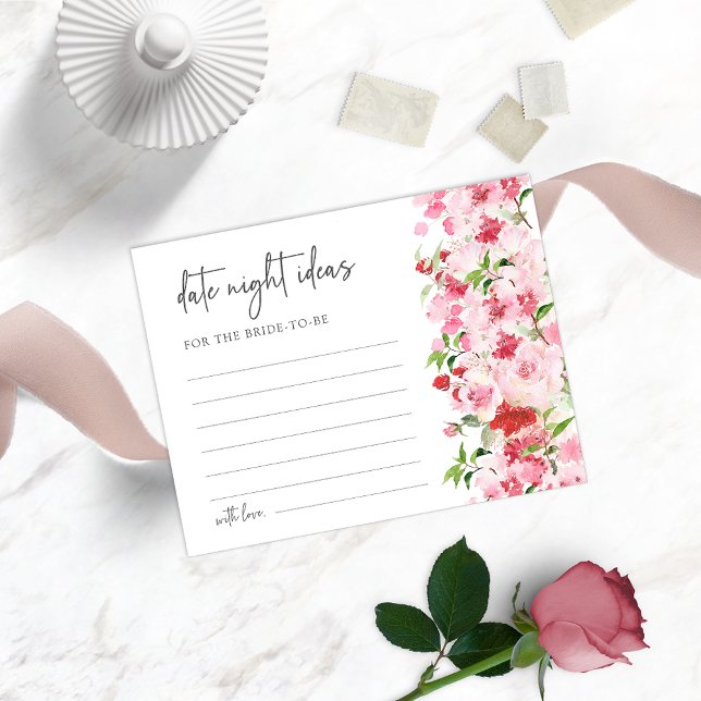 フローラ日付の夜アイディア (Watercolor Red and Pink Floral Date Night Ideas Card for Bridal Showers)