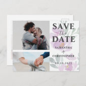 フローラ日付を保存するPuple & White Photo 結婚's A 案内ポストカード (正面/裏面)