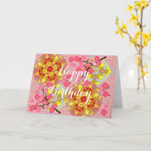 フローラ日本のピンクさくらんぼかわいらし カード (黄色い花)