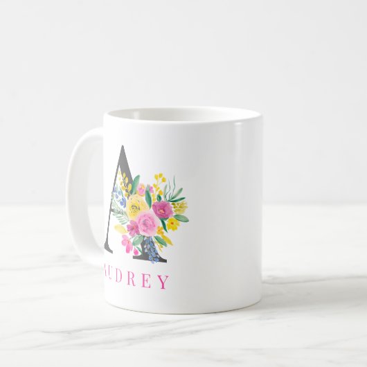 フローラ明るいピンクの水色モノグラム名 コーヒーマグカップ (正面左)