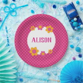 フローラ明るい赤紫色プレイドの女の子の名前 ペーパープレート (パーティー)