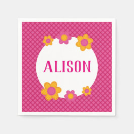 フローラ明るい赤紫色プレイドガールネームデイジー スタンダードカクテルナプキン