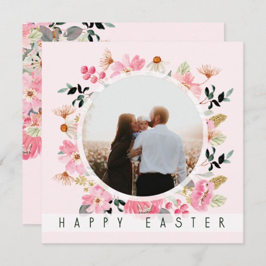 フローラ春ピンクあなたの写真を追加ハッピーイースター シーズンカード (正面/裏面)