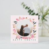 フローラ春ピンクあなたの写真を追加ハッピーイースター シーズンカード (スタンド正面)