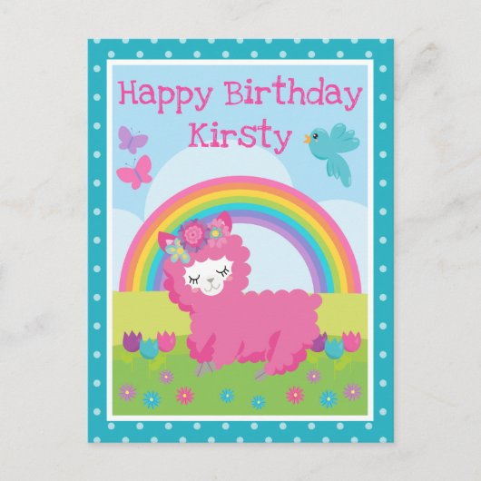 フローラ春ピンクラマ&レインボー誕生日 ポストカード (正面)