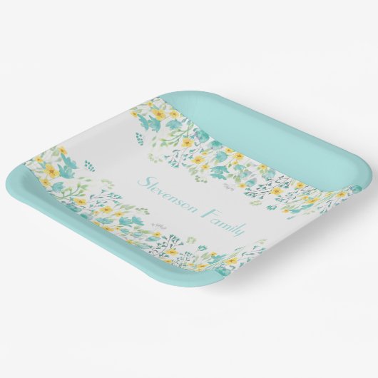 フローラ春ブルーイエローワイルドフラワーズファミリー名 ペーパープレート (傾斜あり)