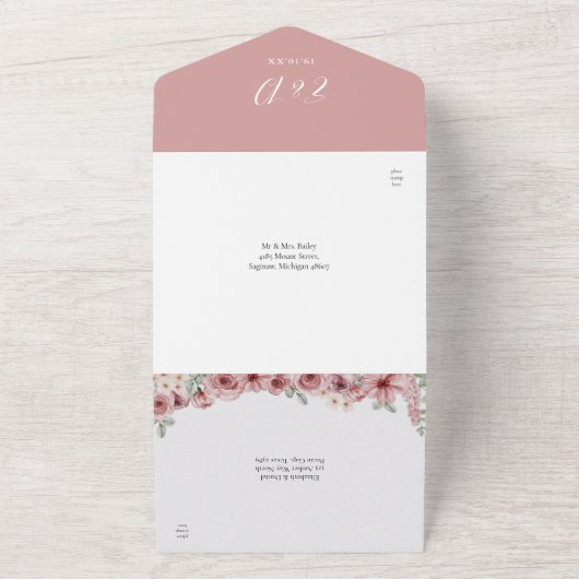 フローラ書道台本ほこりっぽいバラ結婚ズ オールインワン招待状 (外側)