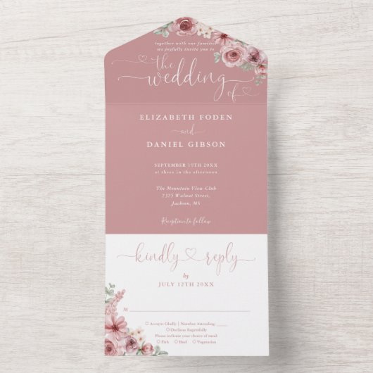 フローラ書道台本ほこりっぽいバラ結婚ズ オールインワン招待状 (内側)