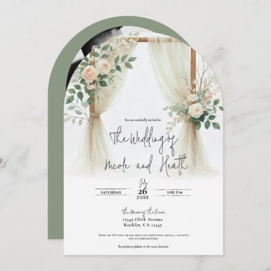 フローラ木製アーチグリーンリー素朴バラ結婚ズ 招待状 (正面/裏面)