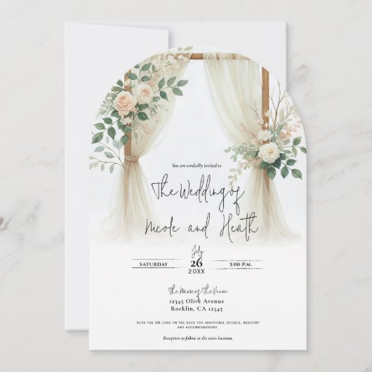 フローラ木製アーチグリーンリー素朴バラ結婚ズ 招待状 (正面)