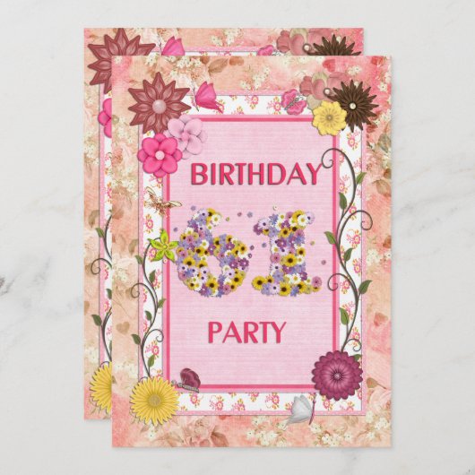 フローラ枠で61回目の誕生日パーティーの招待 招待状 (正面/裏面)