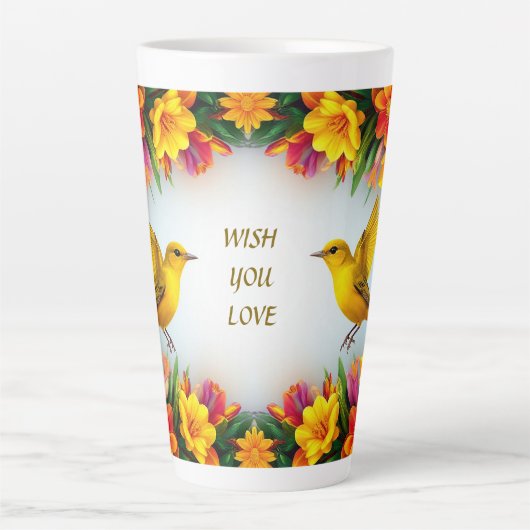 フローラ枠の明るい黄色鮮やかの鳥 カフェラテマグ (正面)