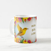 フローラ枠の明るい黄色鮮やかの鳥 コーヒーマグカップ (正面左)