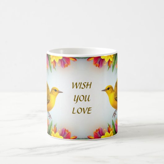 フローラ枠の明るい黄色鮮やかの鳥 コーヒーマグカップ (中央)