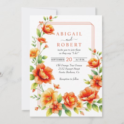 フローラ枠オレンジ色の縁ど花結婚30000 招待状 (正面)