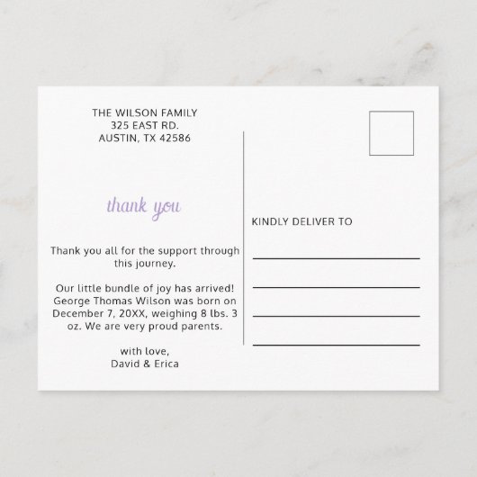 フローラ枠パープルガール写真誕生のお知らせ 案内ポストカード (裏面)