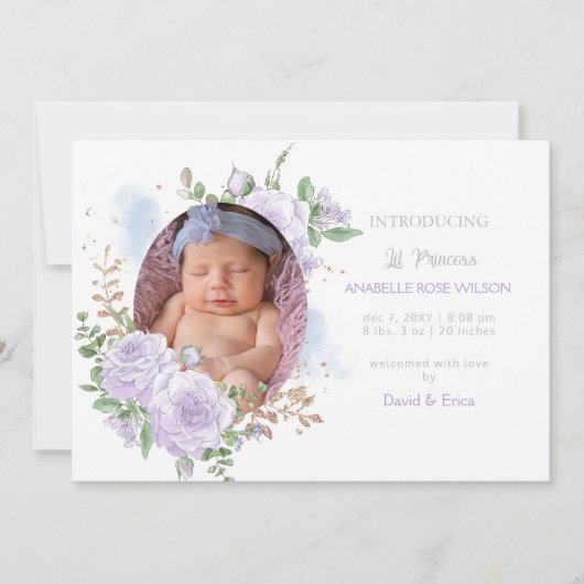フローラ枠パープルガール写真誕生のお知らせ 案内状 (正面)