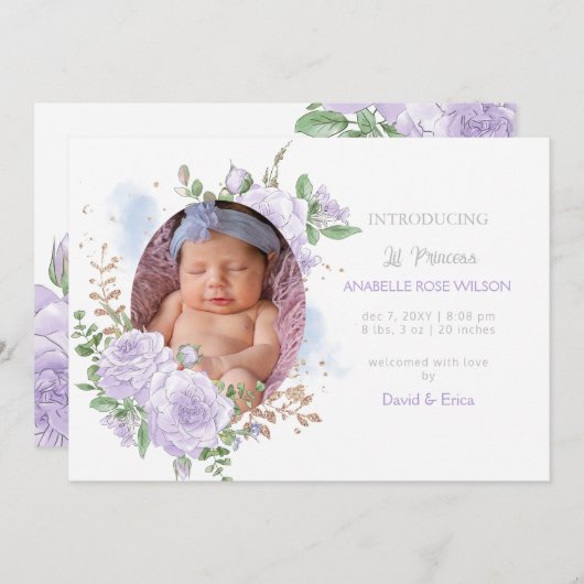 フローラ枠パープルガール写真誕生のお知らせ 案内状 (正面/裏面)