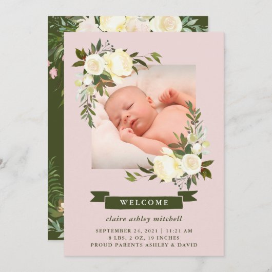 フローラ枠 |写真ベビー誕生発表 案内状 (正面/裏面)