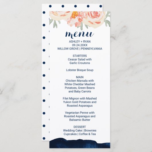 フローラ桃と海軍の水色ディナーメニューカード メニュー (正面/裏面)