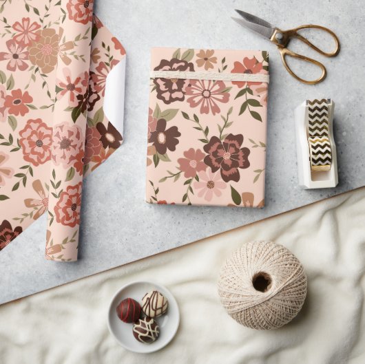 フローラ桃の植物模様ギフト ラッピングペーパー (クラフト)
