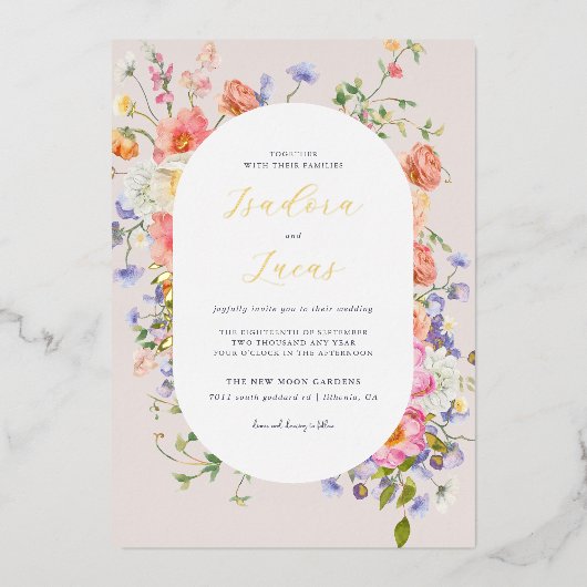 フローラ気のあるそぶりをした牧草地 |夏結婚の 箔招待状 (正面)