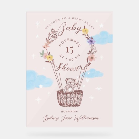 フローラ気球テディベアピンク赤ちゃんシャワー アクリルサイン (正面)