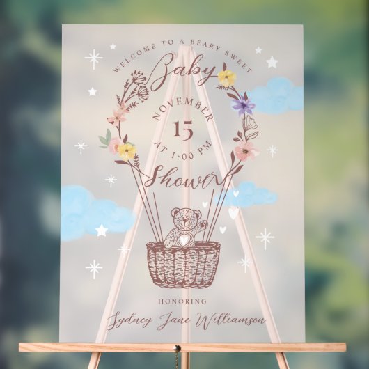 フローラ気球テディベアピンク赤ちゃんシャワー アクリルサイン (ニュートラル)