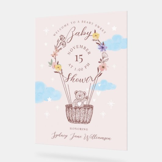 フローラ気球テディベアピンク赤ちゃんシャワー アクリルサイン (傾斜)