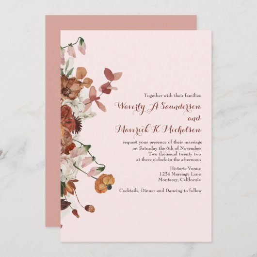 フローラ水カラーバーンドオレンジダスティーバラ結婚ズ 招待状 (正面/裏面)