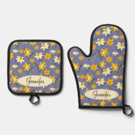 フローラ水仙の花模様(名前をカスタムする付) 鍋つかみ&鍋敷きセット