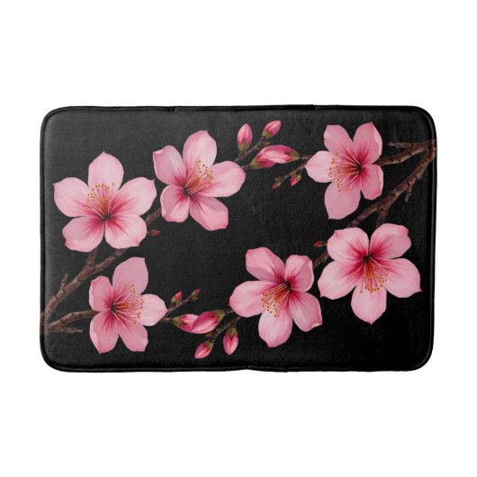フローラ水彩さくらんぼ花咲きピンクブラック バスマット (正面)
