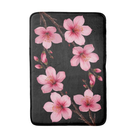 フローラ水彩さくらんぼ花咲きピンクブラック バスマット (正面縦)