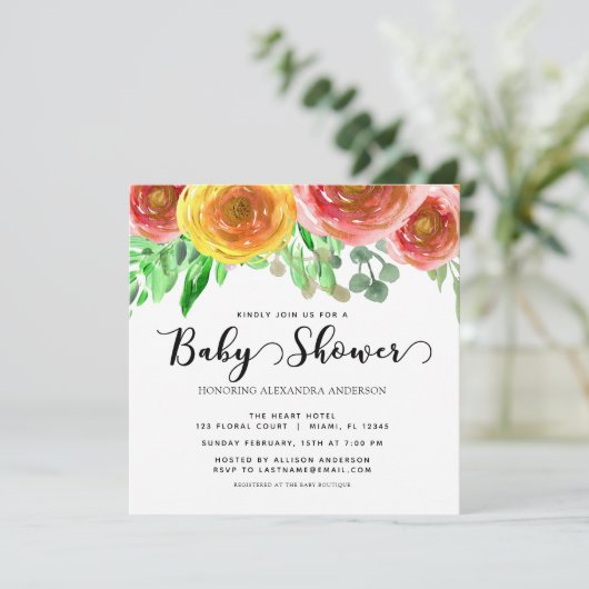 フローラ水彩の花緑の赤ちゃんシャワー 招待状 (スタンド正面)