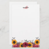 フローラ水彩ひまわりバーガンディーモノグラムノート 便箋 (正面/裏面)