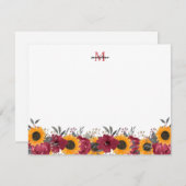 フローラ水彩ひまわりバーガンディーモノグラム ノートカード (正面/裏面)