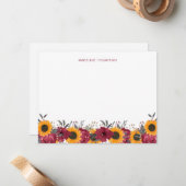 フローラ水彩ひまわり素朴バーガンディ ノートカード (正面/裏面インサイチュ)