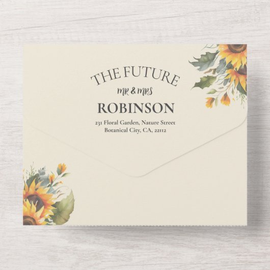 フローラ水彩ひまわり金ゴールド幾何学模様結婚 オールインワン招待状 (裏面)