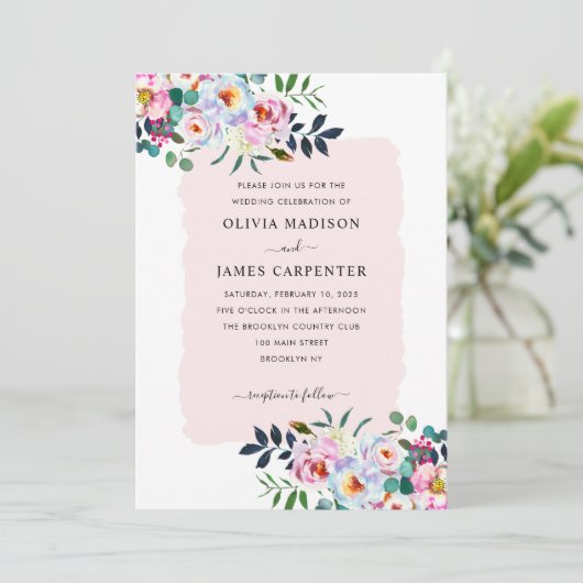 フローラ水彩ほこりっぽいピンク色ネイビーブルー結婚ズ 招待状 (スタンド正面)
