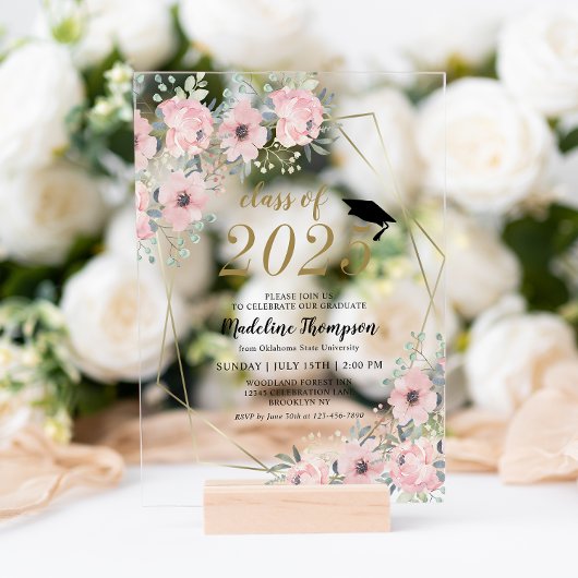 フローラ水彩ほこりっぽい赤面ピンク金ゴールド卒業 アクリル招待状