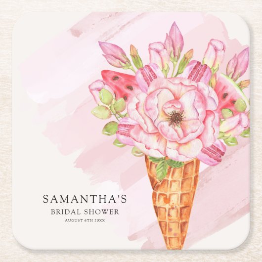 フローラ水彩アイスクリームブライダルシャワー スクエアペーパーコースター (正面)