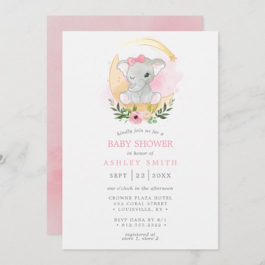 フローラ水彩エレファントムーンガールベビーシャワー 招待状 (正面/裏面)