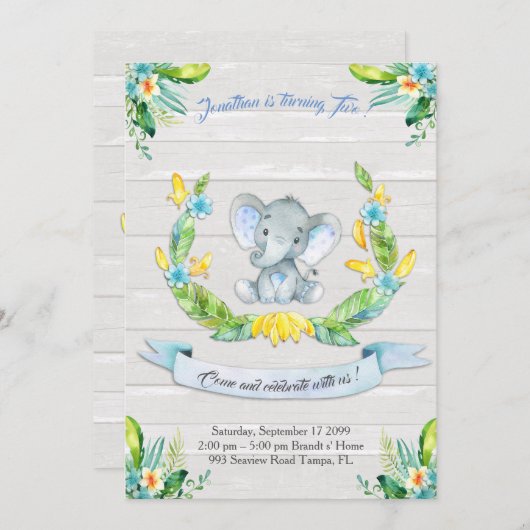 フローラ水彩エレファント招待状、男の赤ちゃん2位 招待状 (正面/裏面)